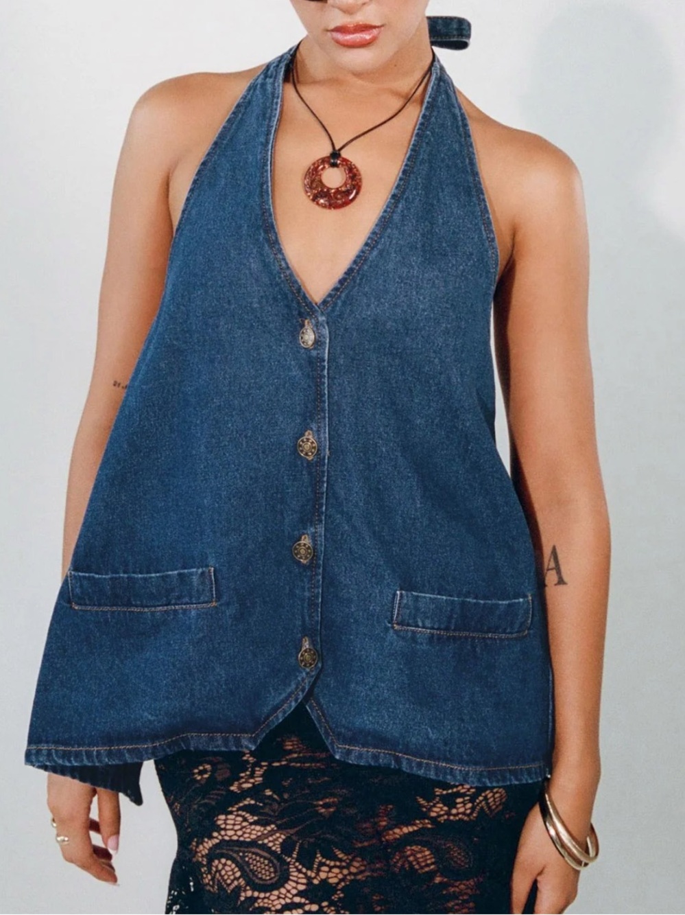 Lioness Blue Denim Halter Button-Front Vest